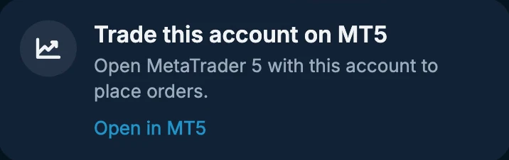 The app's Trade this account on MT5 card, with its Open in MT5 link