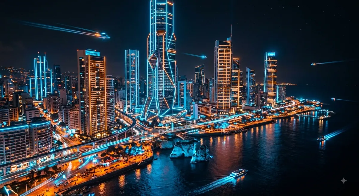 Beirut skyline at night, lit against the water